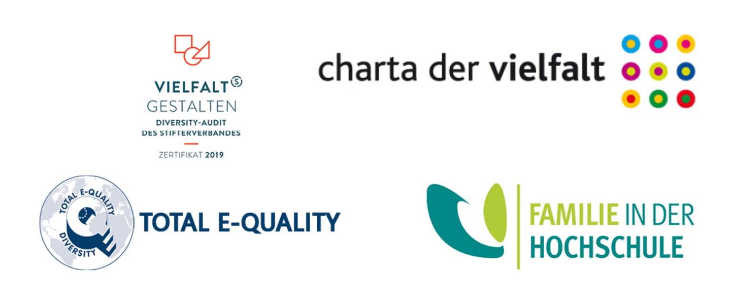 Vier Logos: Total E-Quality, Audit Vielfalt gestalten, Familie in der Hochschule und Charta der Vielfalt.