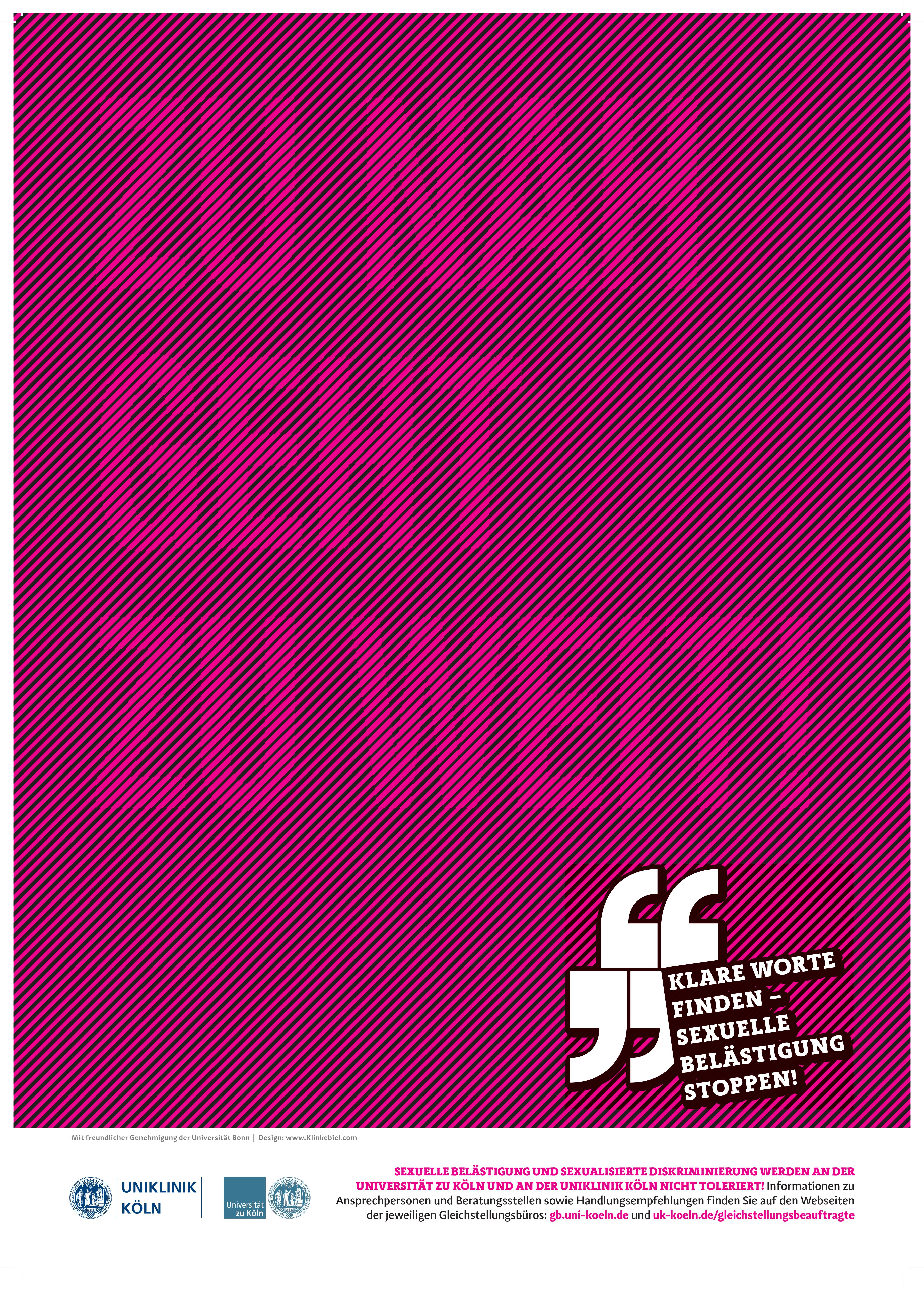 Poster zur Kampagne unboxingdiscrimination in Pink mit schwarzen Diagonalstreifen. Im Plakat steht: zu nah geht zu weit.