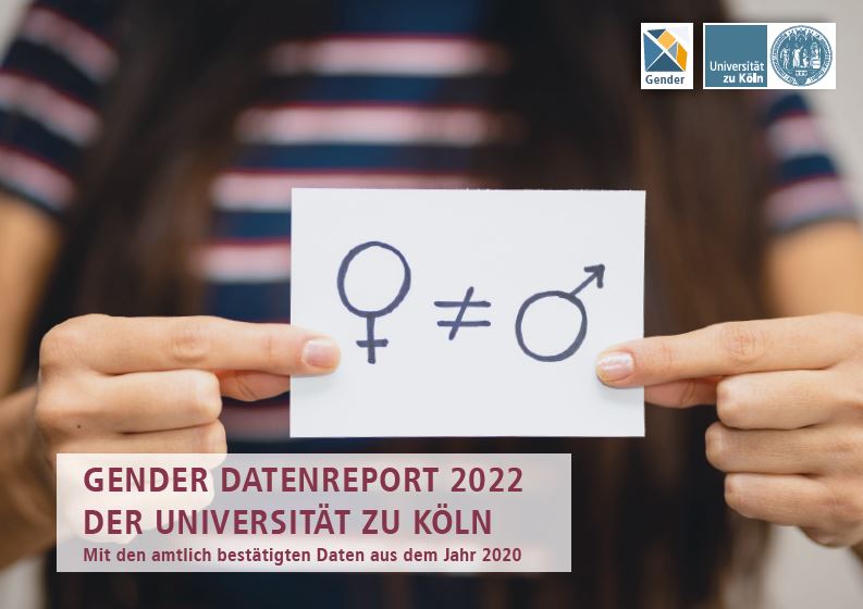 Die Abbildung zeigt das Cover des Gender Datenreport 2022. Darauf sind zwei Hände zu sehen, die einen Zettel mit den Symbolen für weiblich und männlich hochhalten. Zwischen den Symbolen steht ein Ungleichheitszeichen.